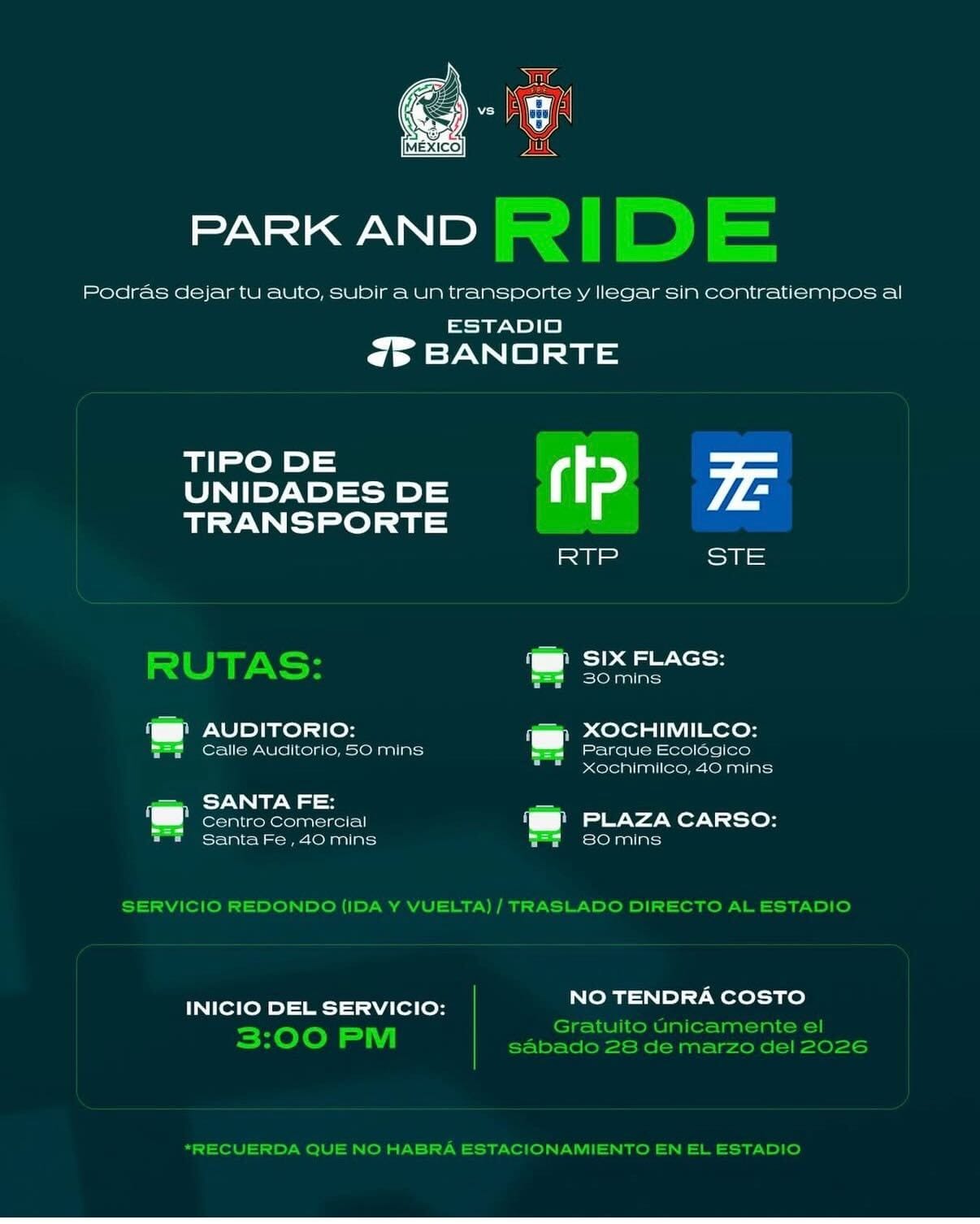 México vs Portugal en Estadio Banorte: rutas Park and Ride y aviso de que no habrá estacionamiento en el estadio.